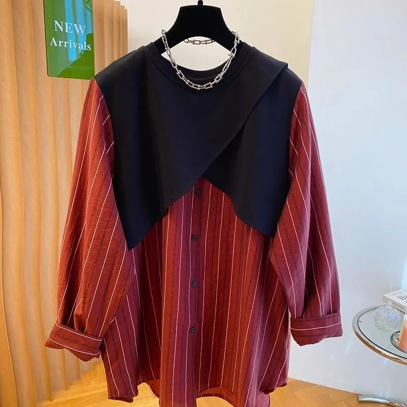 

SuperAen New Autumn Women Tops Elegant Fake Two Piece Shirt Loose Red Striped Patchwork High Sense Office Shirt