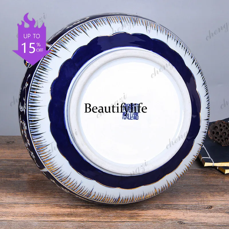 03 Jingdezhen hand-painted gold-painted blue and white binaural blessing tube ceramics vase home living room decoration ornament