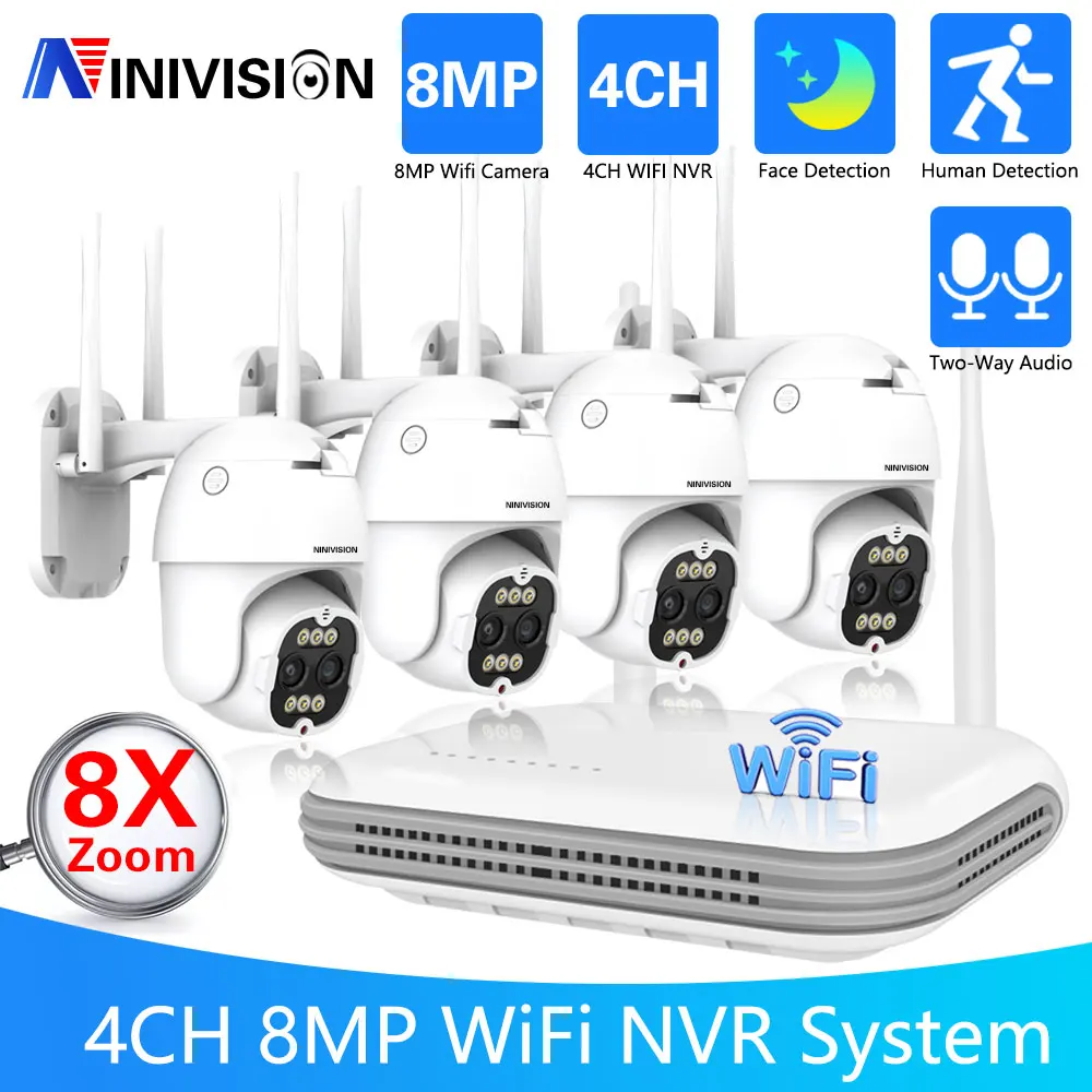 

4K 8MP Dual Lens HD Wireless CCTV System Two Way Audio 8X Zoom PTZ WIFI IP Security Camera 4CH NVR Video Surveillance Kit ICsee