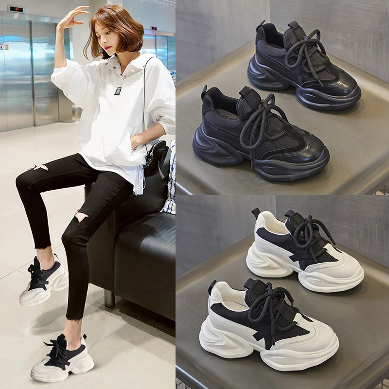 Pu Leather Casual Shoes Women Chunky Sneakers 2023 Brand Stylish Design Woman Casual Shoes Simple Black Sports Shoes