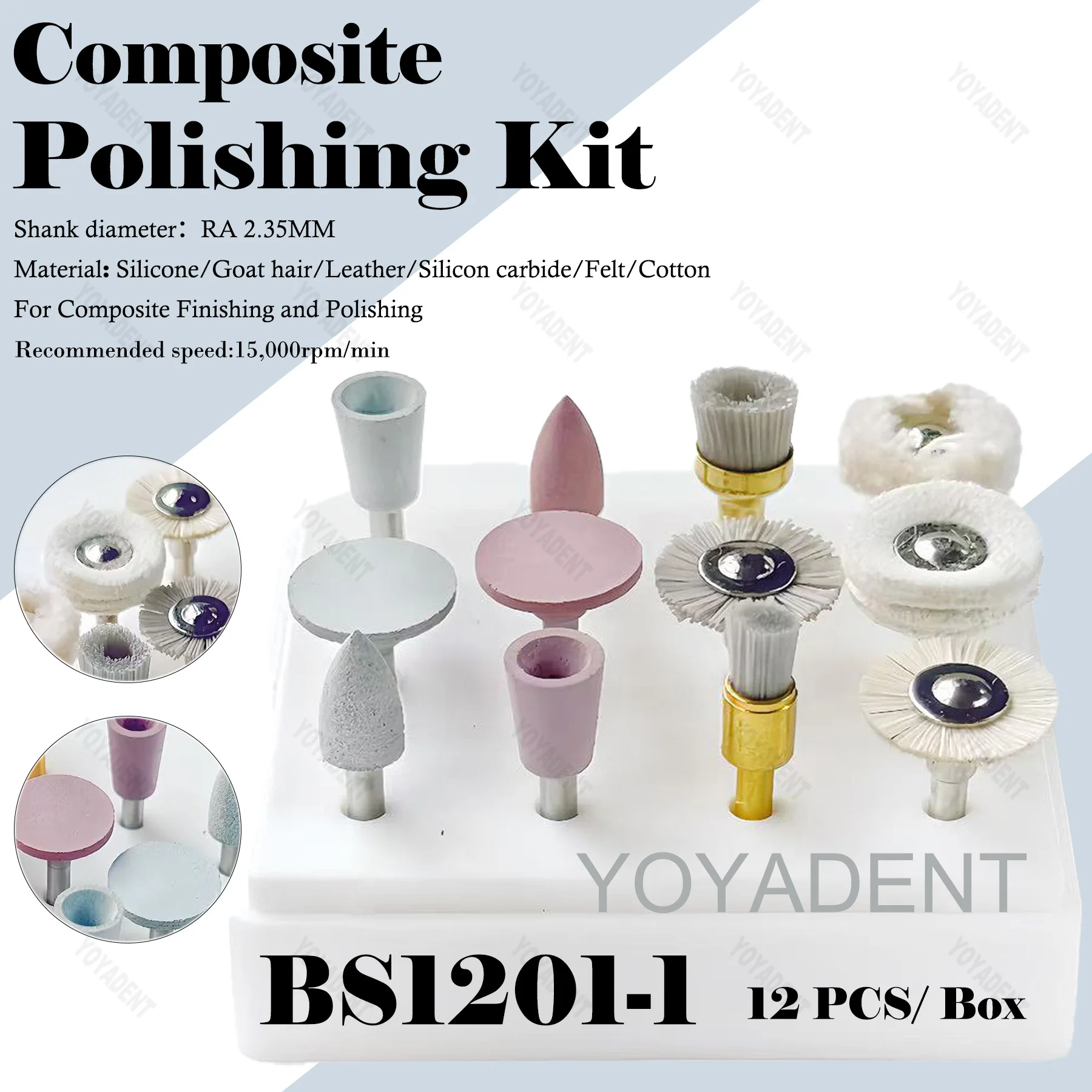

12 Pcs/Box Dental Polishing Set BS1201-1 Silicone and Brush Grinding Head Mixed Polishing Set For Low Speed Handpiece Tools