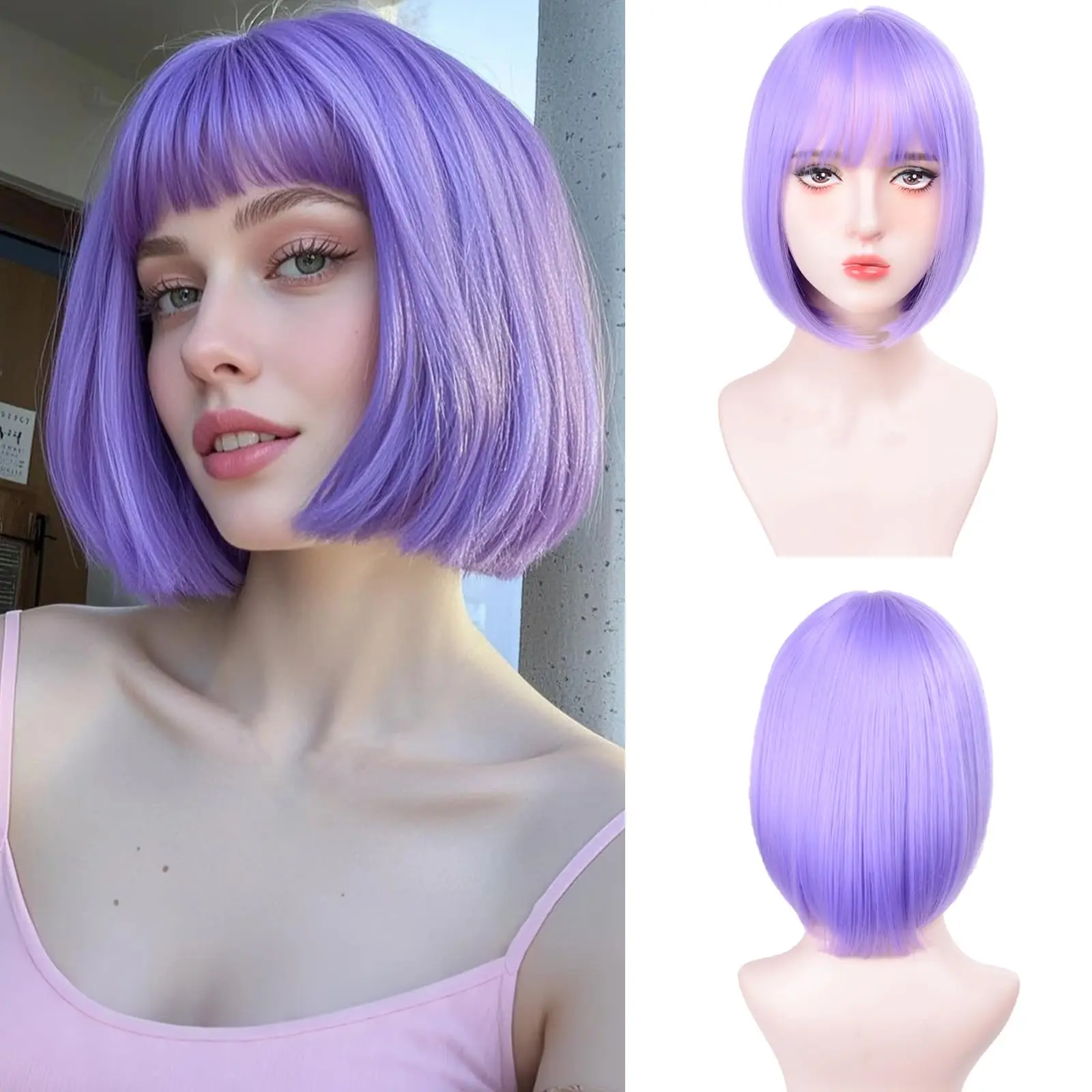 

Light purple bob hairstyle synthetic wig for Halloween party cosplay wig daily high-temperature hair accessory