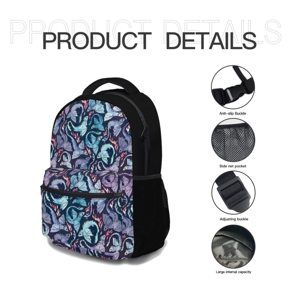 Dragon fire dark turquoise and purple Versatile Backpack Large Capacity Waterproof Backpack Washable Computer Bag Unisex