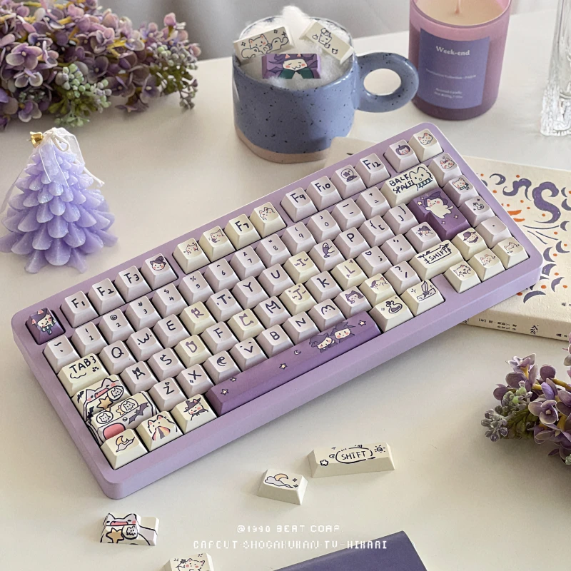 Purple Theme Keycaps Set MOA/Cherry Keycaps Magic Cat 131/150keys PBT Five Sided Thermal Sublimation Mechanical Keyboard Keycaps