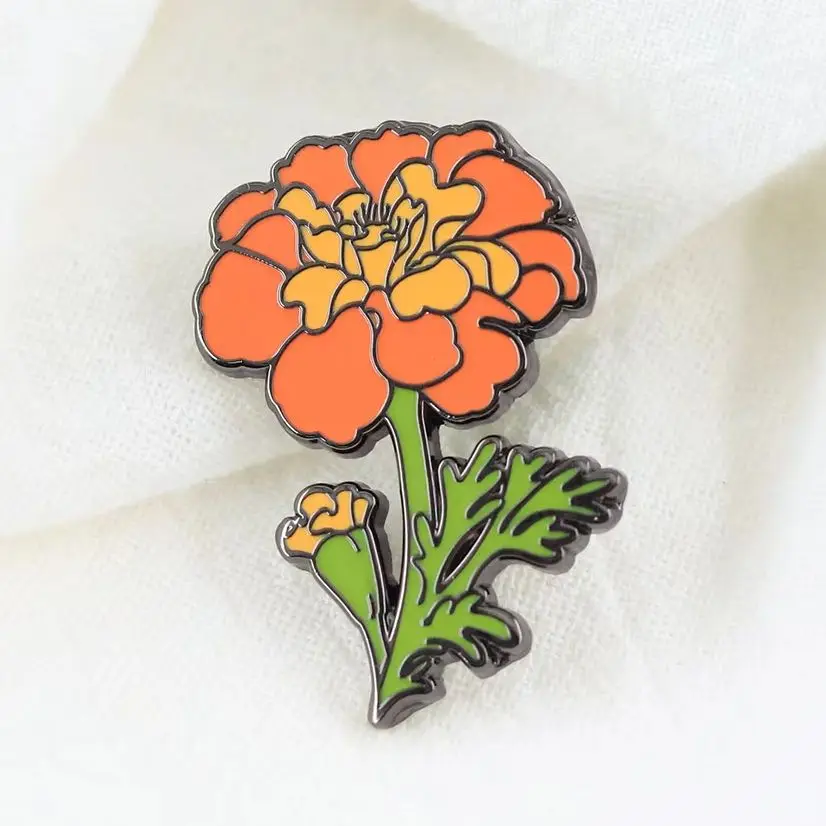 Day of the Dead Marigold Brooch Mexican Dia de los Muertos Flower Enamel Pin Symbolic Strength Remembrance Badge Gothic Jewelry