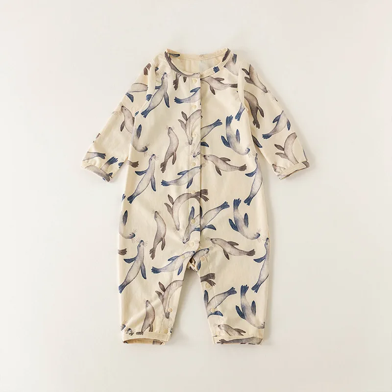 Spring and Summer Baby Clothes Cotton Baby One-piece Pajamas Printed Comfortable Newborn Long-sleeved Crawling Clothes