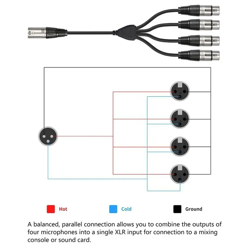 ABUO 3 Pin XLR 1 Male to 4 Female Y Splitter Audio Cable Microphone Input Splitter 0.6m Parallel Connection