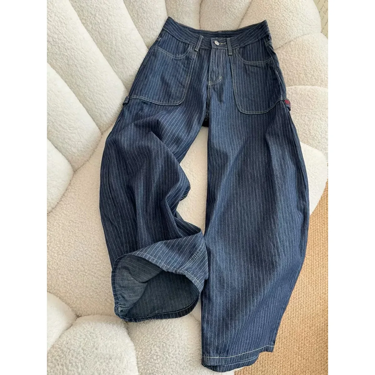 American Retro Deconstructed Loose Fit Stripe Loggers Jeans Men's Straight Leg Relaxed Workwear Trousers Casual Cotton Denim