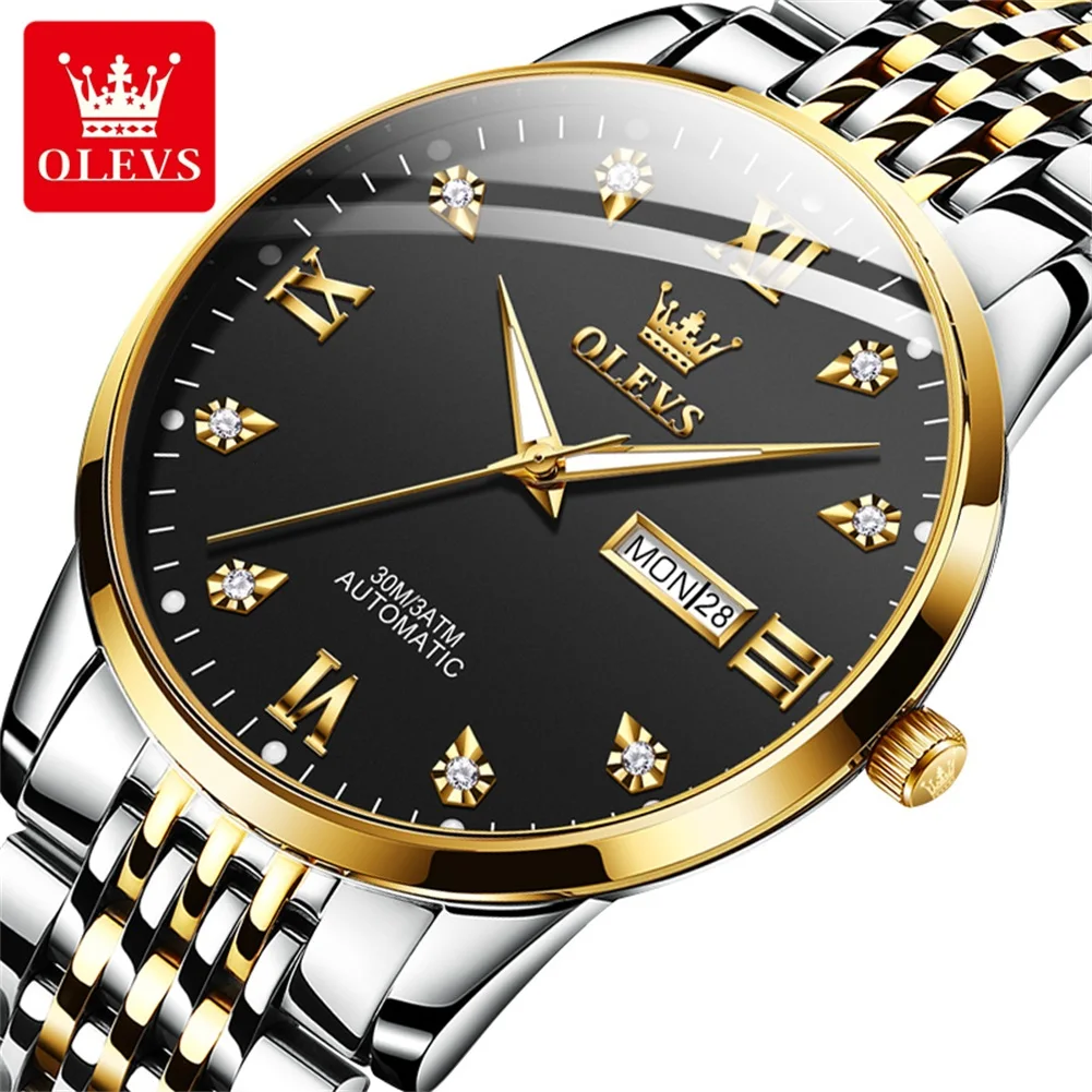 

OLEVS Фирменные новые модные механические часы для мужчин, роскошные водонепроницаемые мужские наручные часы из нержавеющей стали со светящимися стрелками и датой недели