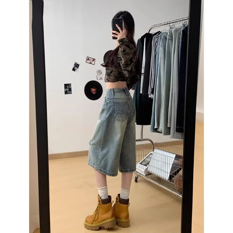 Fashion New American Style Women Jeans Casual Loose Wide Leg Cropped Pants Summer Pockets