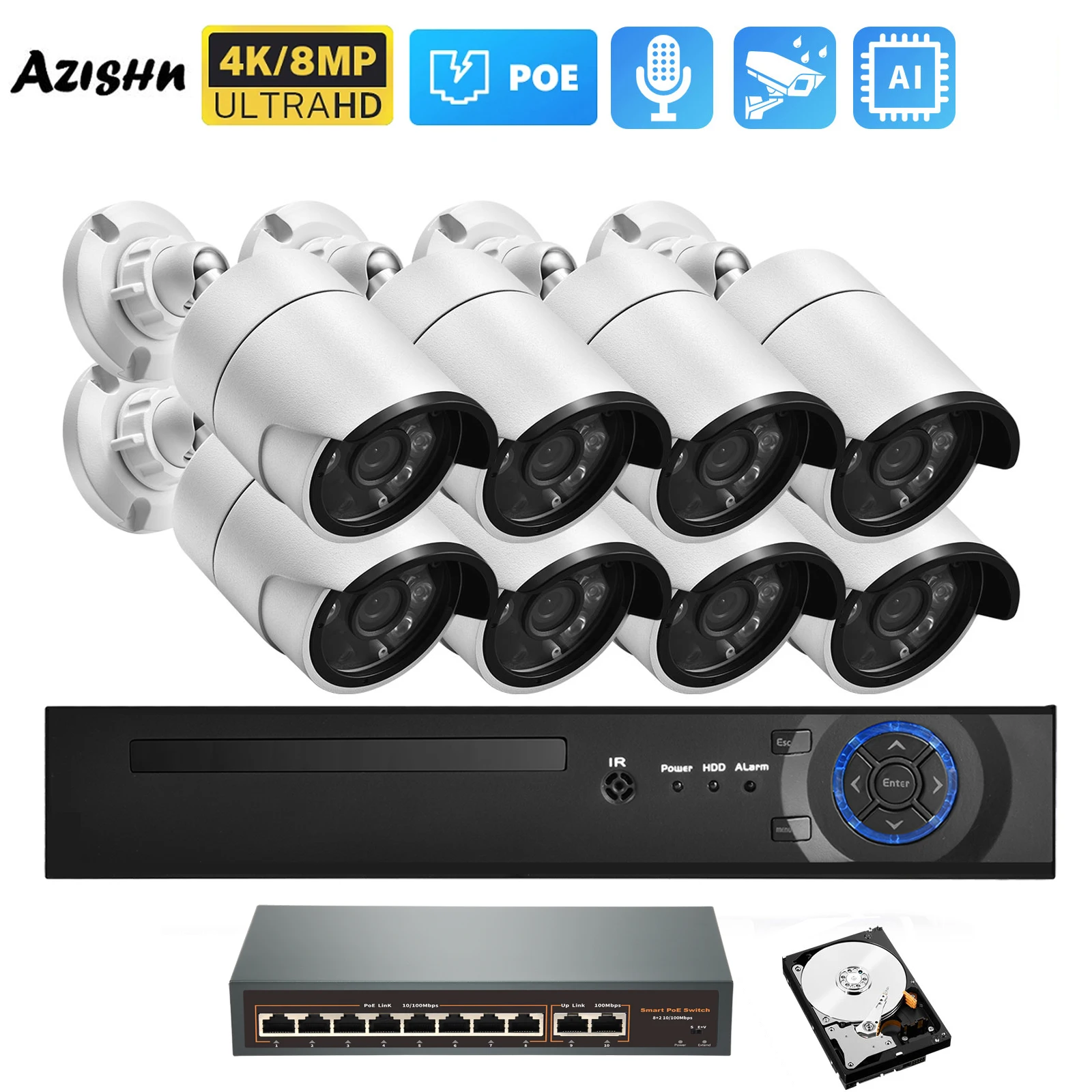 

AZISHN 4K POE IP Camera Security System 8MP NVR POE Switch Outdoor Human Detect Record Stable CCTV Surveillance System Kit P2P