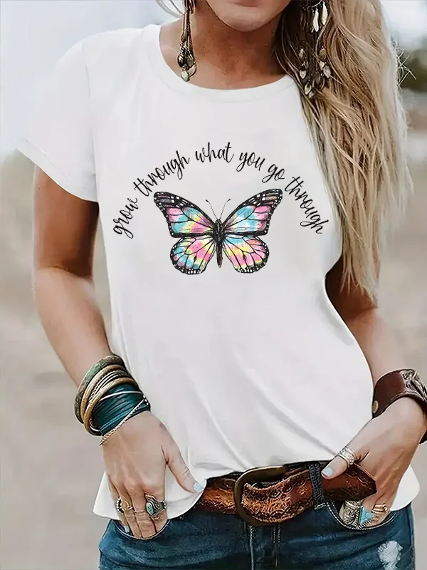 Grow Through What You Go Through Stimulate Slogan Women T-shirt Vintage Colorful Butterflies Print Stylish Casual Female Shirt