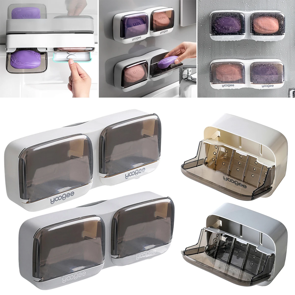 Bathroom Soap Holder Wall Mounted Without Drilling Flip Lid Drain Soap Dish Box Waterproof Bathroom Sponge Organizer