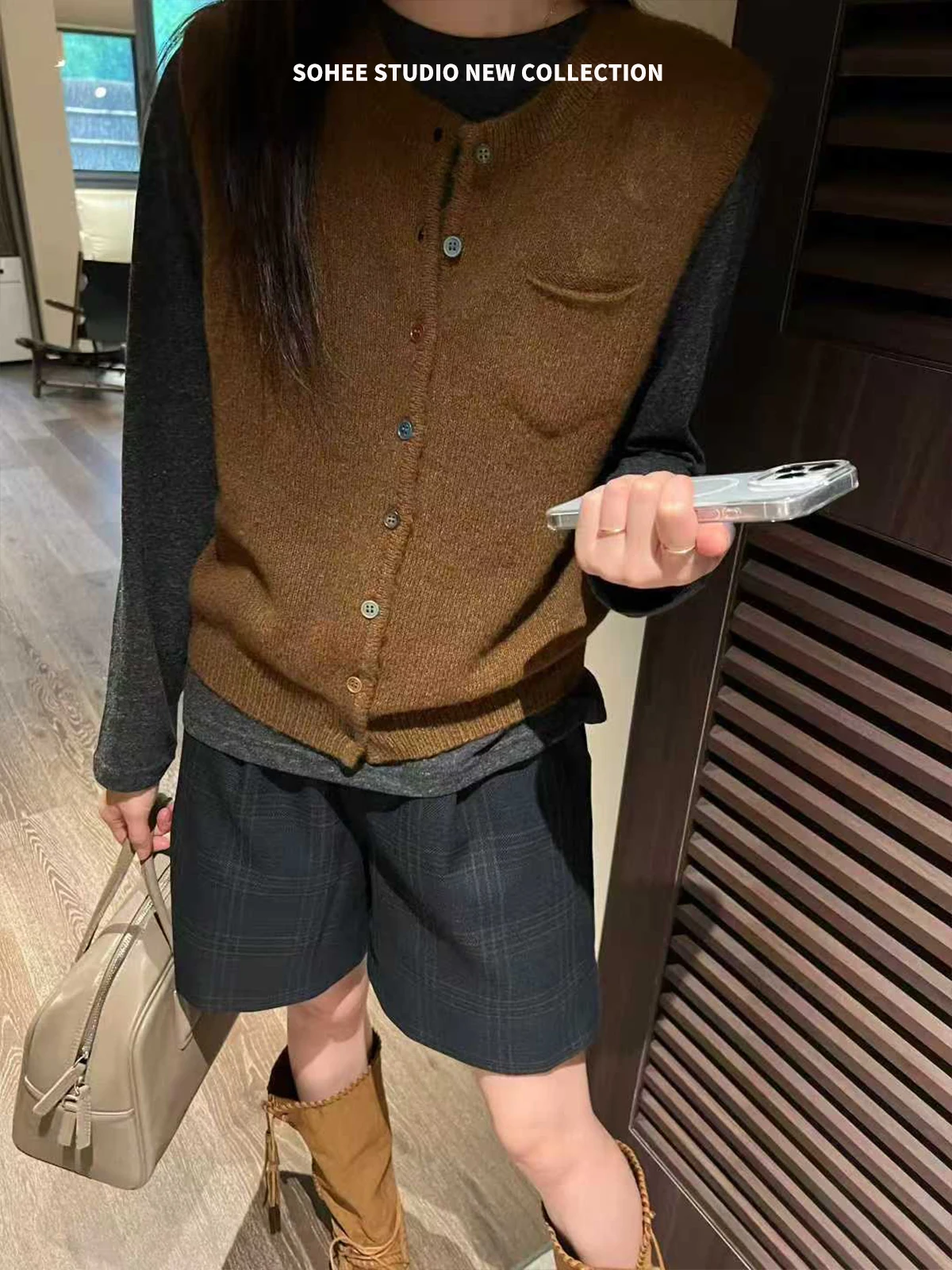 

Женский шерстяной жилет Ele Button, модная верхняя одежда, весна-осень, новинка, стильный, удобный, теплый, длинный, круглый вырез