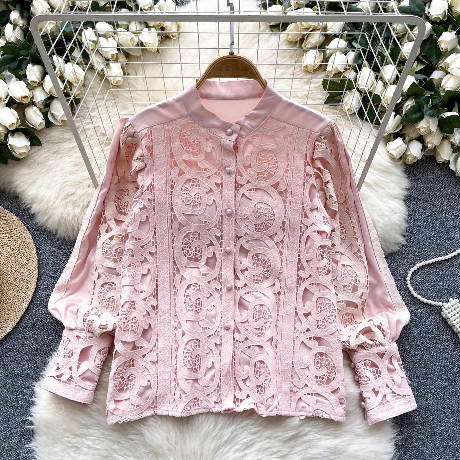 Chic Long Lantern Sleeve Casual Slim Single Breasted Basics Hollow Out Lace High Street Office Lady Vintage Spring Summer Blouse