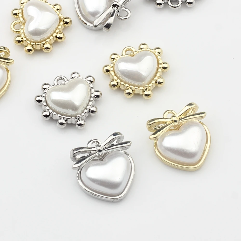 

6pcs/lot Zinc Alloy Charms Imitation Pearl Bow Heart Shape Charms For DIY Fashion Necklace Bracelet Jewelry Making Accessories