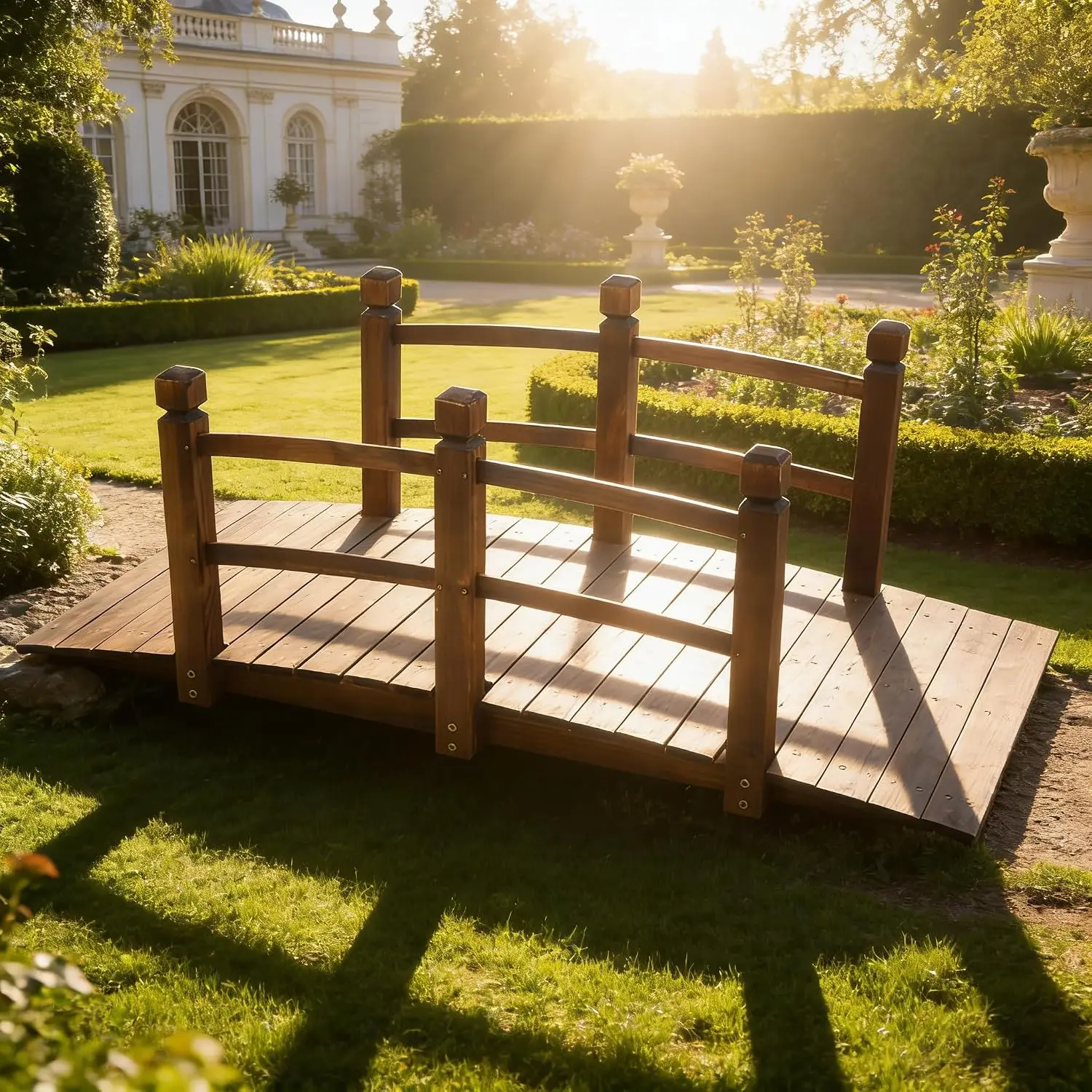 5 ft Garden Bridge Wooden Bridges for Outdoors, Classic Arch with Safety Rails Stained Finished Footbridge Garden, Customized