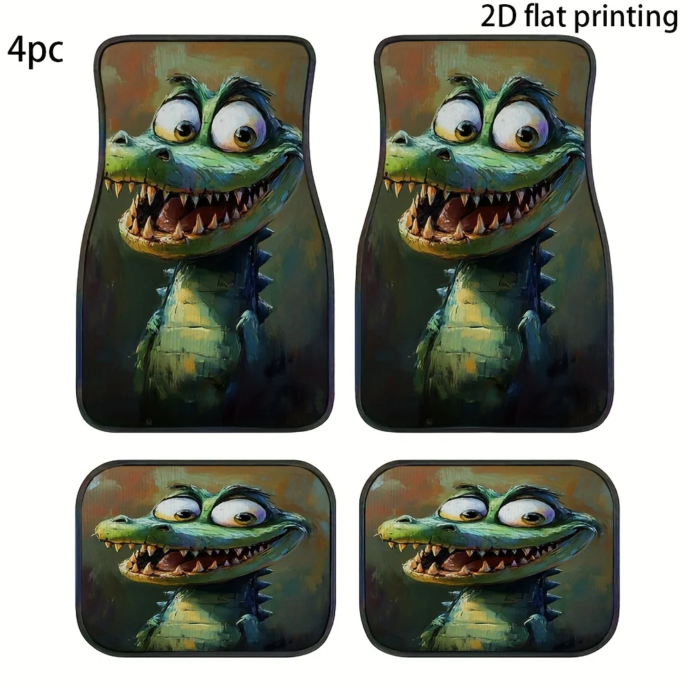 4pcs Car Floor Mats, Cartoon Style Green Dragon Pattern Universal Fit Polyester Material Wear-Resistant Decorative Accessories F