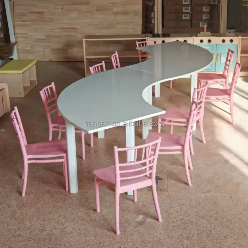 Portable Kids Table Set White Pink S Shape Scratch Resistant Modern Furniture for Children Party Rental Use