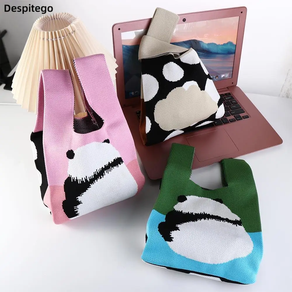 

Ins Mini Cartoon Knitted Panda Knot Wrist Bag Korean Animal Handbag Tote Bag Vest Shape Large Capacity Mommy Bag