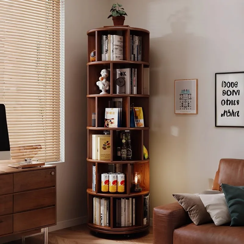 Toda a estante giratória de madeira maciça estante de 360 graus integrada contra a parede móvel casa sala de estar canto do chão