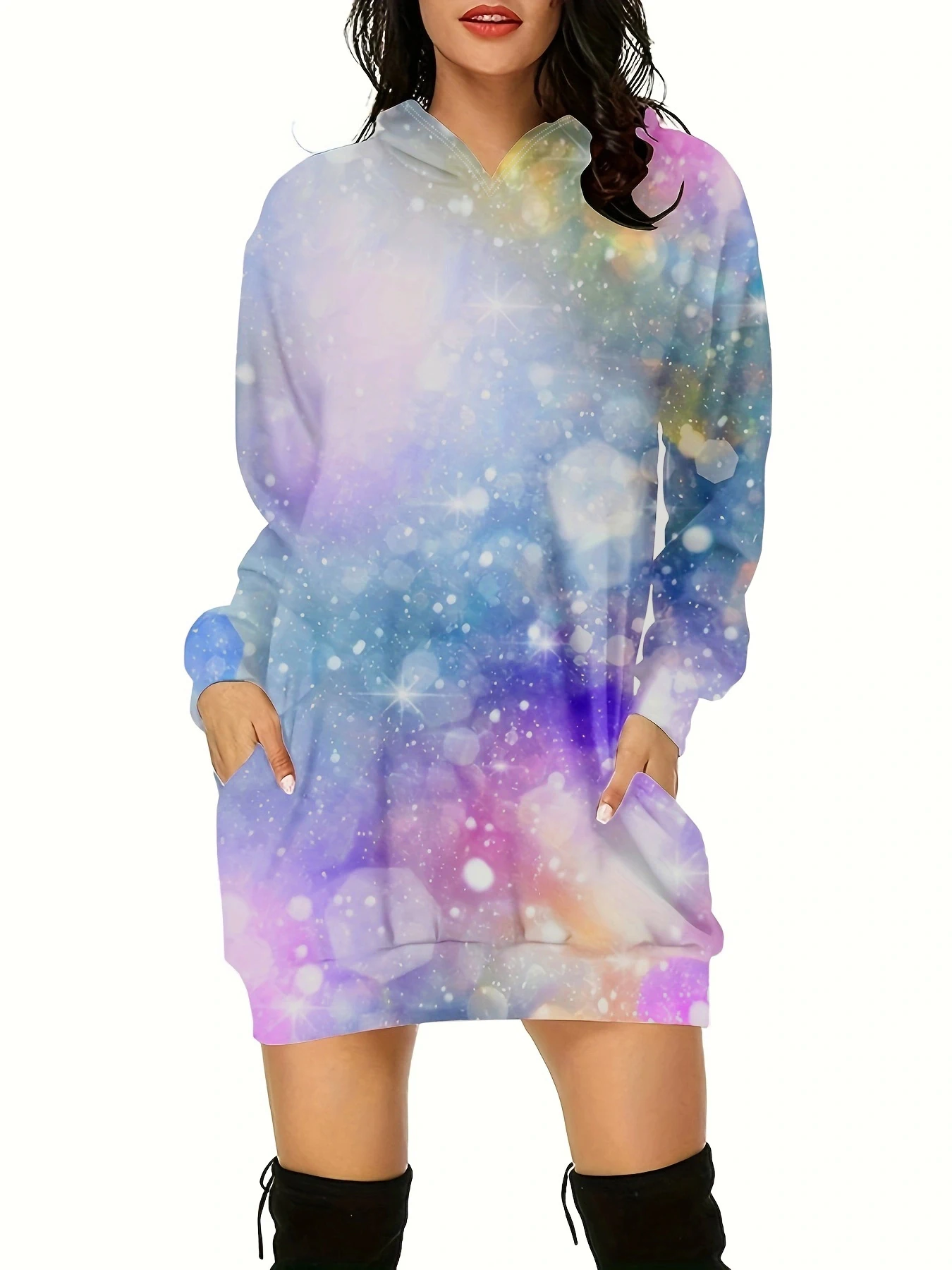 Women's Colorful 3D Pattern Printed Hooded Plus Size Dress, Popular Spring And Autumn Fashionable Figure-shaping Long-sleeved Dr