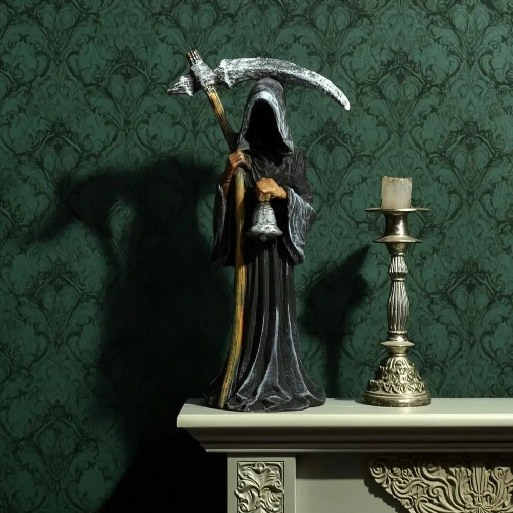 Symbolic Rebirth Figurine Santa Claus Figurine Grim Reaper Statue Resin Hooded Figurine with Sickle Bell Spooky for Home