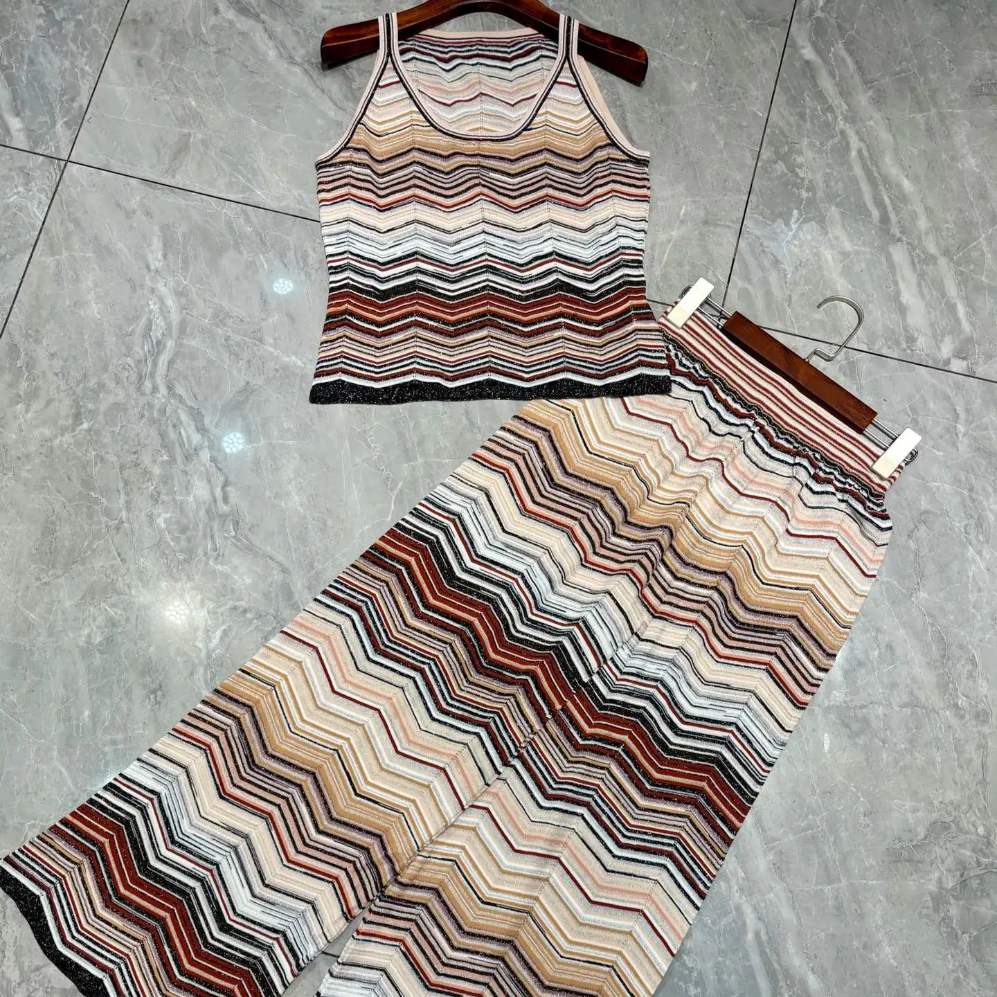 

Women Striped Knitted Set Long Sleeve Cardigan + U-Neck Sleeveless Vest + Elastic Waist Straight Wide Leg Pants Elegant Suit