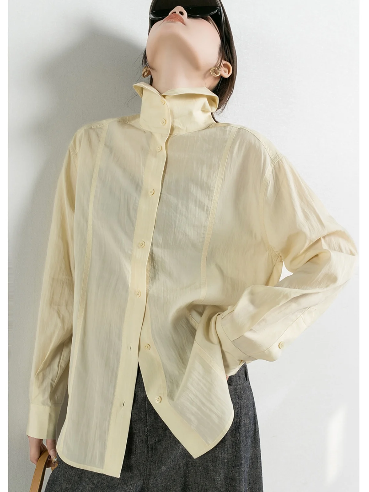 

Модная футболка с цветочным принтом и воротником-стойкой, тонкий длинный све, женский открытый кардиган на весну и осень, топ Street Sle, свободный крой