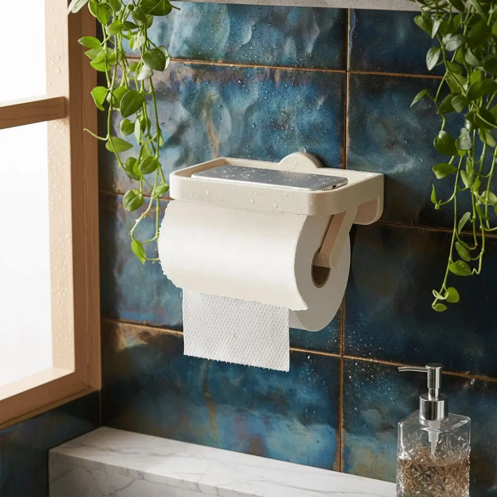 

Wall-Mounted Suction Cup Toilet Paper Holder Space Saving Rustproof Paper Roll Storage Shelf Phone Storage Tray No-Drill