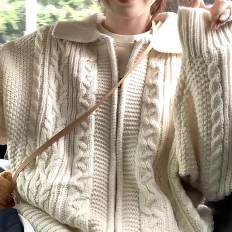 

Lazy Style Fried Dough Twists Zipper Sweater Coat Women's Autumn and Winter New Loose Knit Cardigan Top