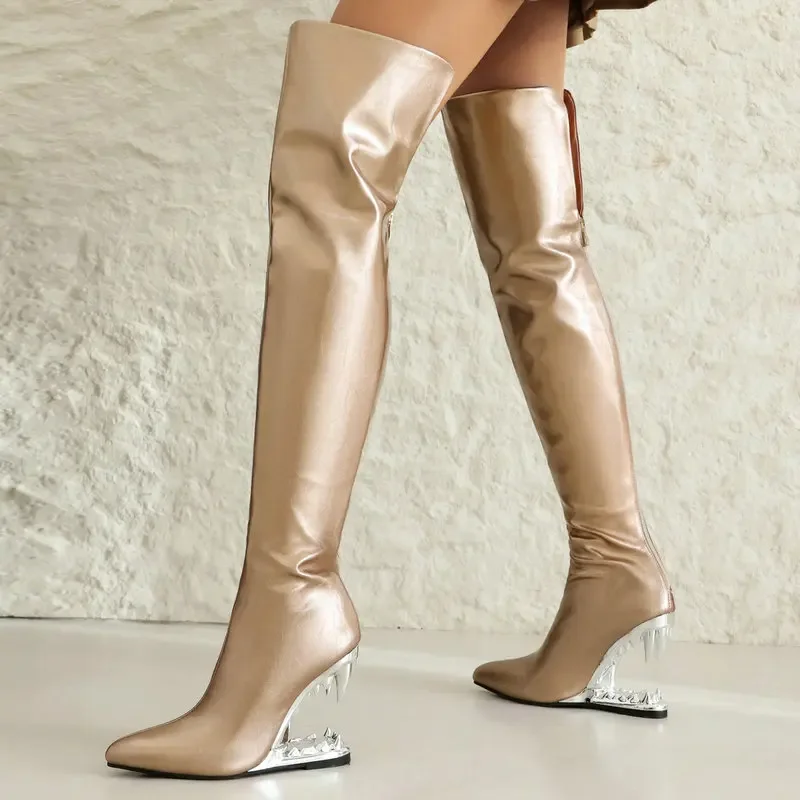 Tiger Teeth Shark Mouth Tooth Hallow Heels Women Overknees Wide Calves Silver Yellow Over-the-knee Luxury Women Thigh Long Boots