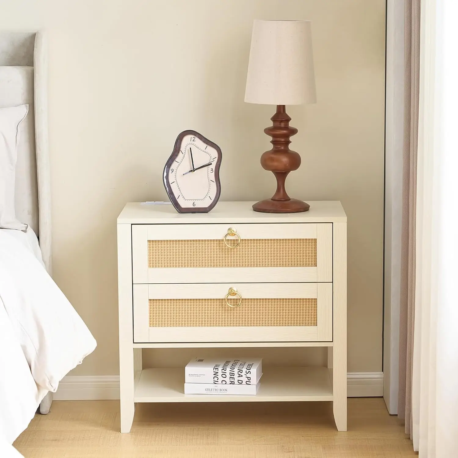White Rattan Nightstand Set Of 2 With Charging Station, Boho Bedside Table With Drawers & Storage Shelf For Bedroom, Customized