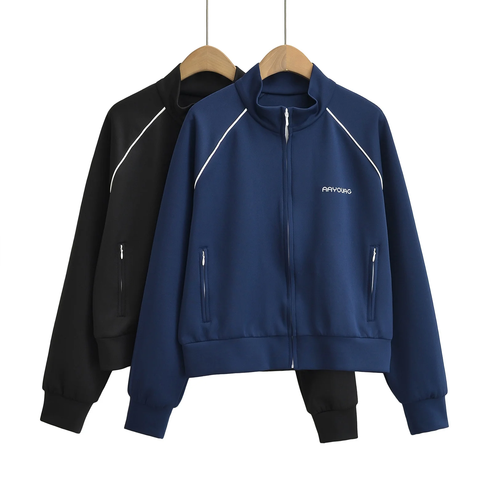 

Retro Embroidered Letter ort Jaet Loose oulder Sve Spor Casual Open Cardigan Autumn Wear Stand Collar Zipper