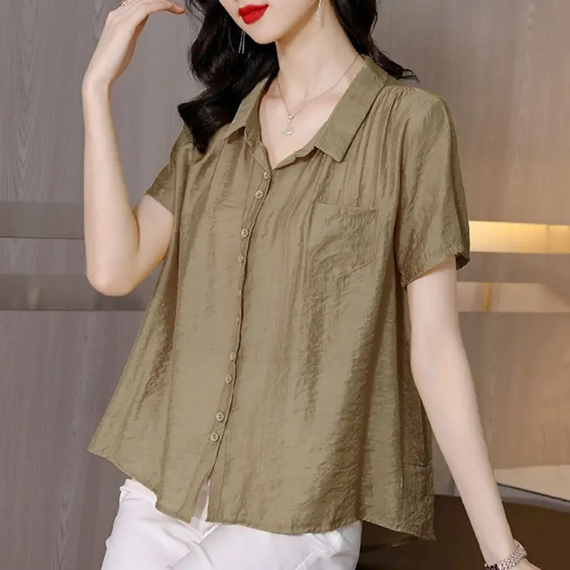 Women Summer Simplicity Loose Elegant Solid Color Cotton and Linen Polo-Neck Short Sleeve Shirts Ladies Casual Appear Thin Tops