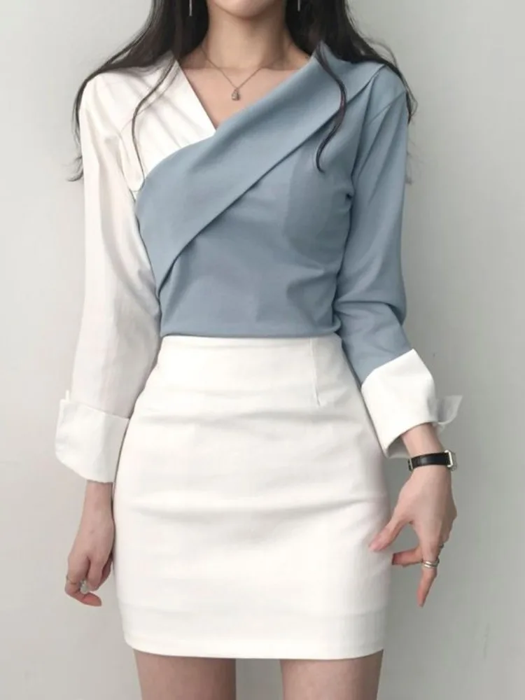 Spring Chic Color Blo Long Sve irt Women's Top Irregular Design Sense Fake Two-Piece Sle Faionable Office Wear