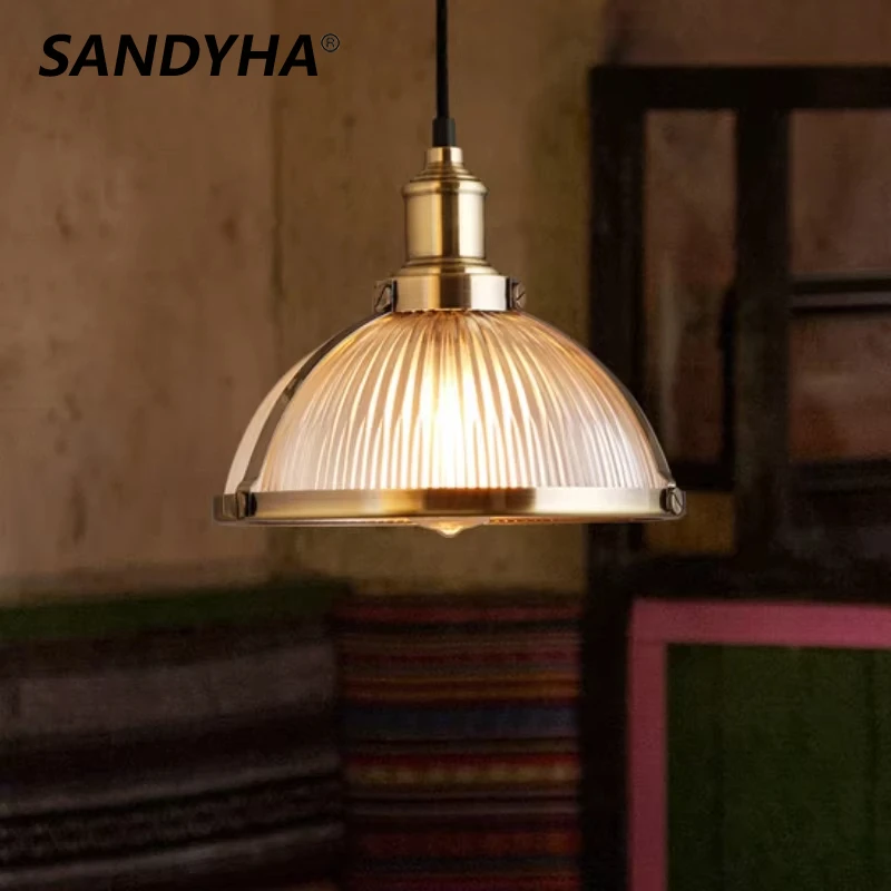 

SANDYHA Semi Circular Glass Pendant Lights Retro Industrial Style Hanging Chandelier for Dining Living Room Decor Table Lighting