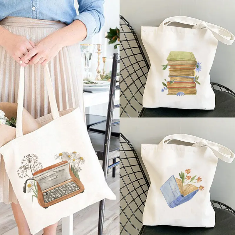 Floral Books Watercolour Tote Bags Literature Pressed Flowers Water Colour Typewriter Watercolor Illustration Totes Eco Bag