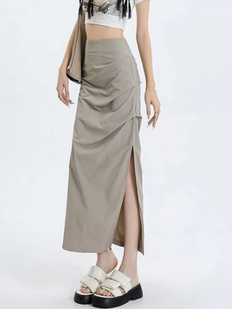 

2025 Summer Vintage Pleated Mujer Faldas Streetwear Sexy Slim Fit Split Women's Skirts Y2k Aesthetic Harajuku Solid Grunge Skirt