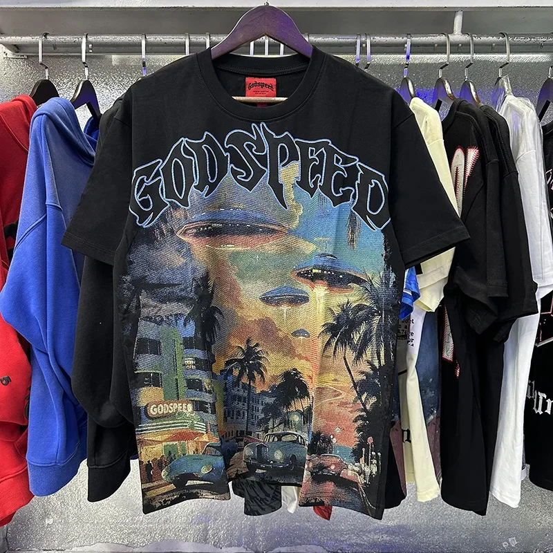 

Casual Couple GOD SPEED Top Tees American Style Urban UFO Printing Crewneck Short Sleeve Men Woman Fashion T-shirts