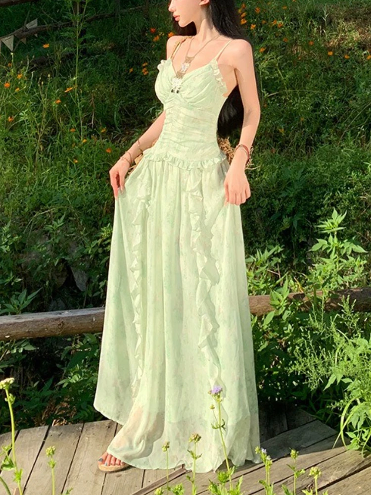 คอวีเอวสูงฝรั่งเศสสไตล์วันหยุดมิ้นท์สีเขียวดอกไม้ชุดเดรสสายรัดปาเก็ตตี้สไตล์เกาหลีฤดูร้อนนัวเนียกุ๊นชุดMaxi