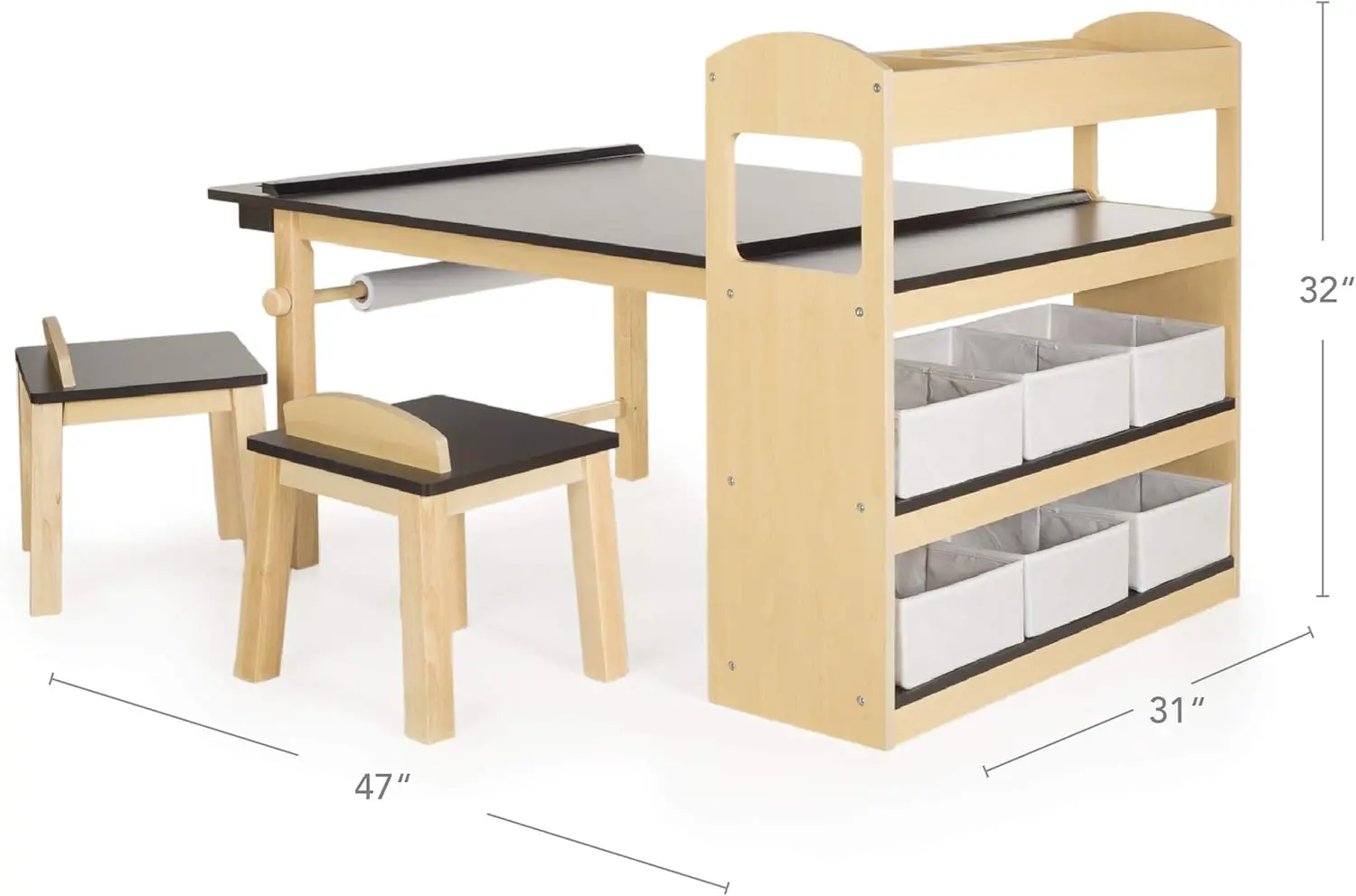 Deluxe Art Center: Kids Arts and Crafts Table and Chairs Set with Storage Shelves, Bins, Paper Roll for Drawing and P