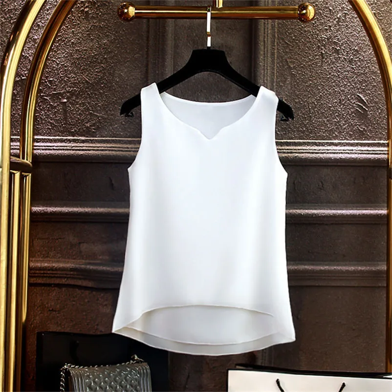 New Women Chiffon Vest Tops Sleeveless V-Neck Ladies Top Oversized Tank Tops White Black Rose Green