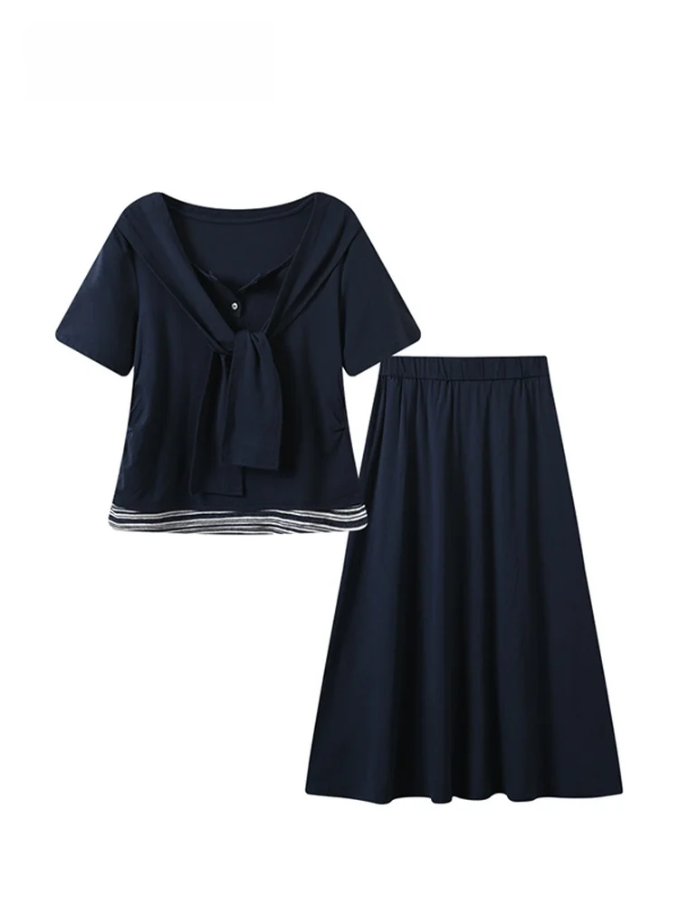 

plus Size Summer Fashion Set Short Sleeve Top And Half Skirt College Style Women's Clothing Flattering for plus Size Sisters