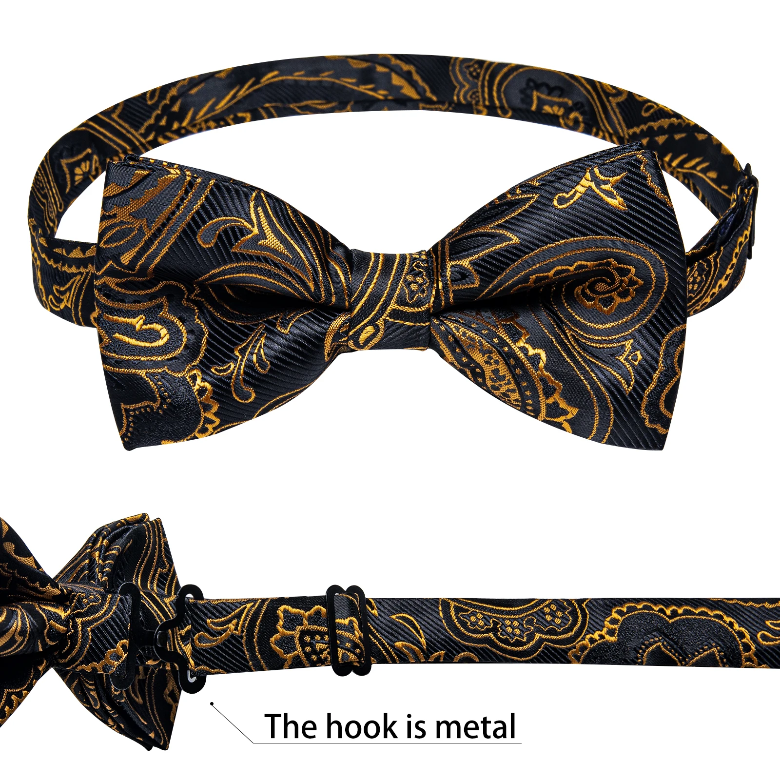 Klassisches schwarzes Herren-Fliege-Set mit Einstecktuch und Manschettenknöpfen – Paisley Gold Vorgebundene Fliege – Detail 30