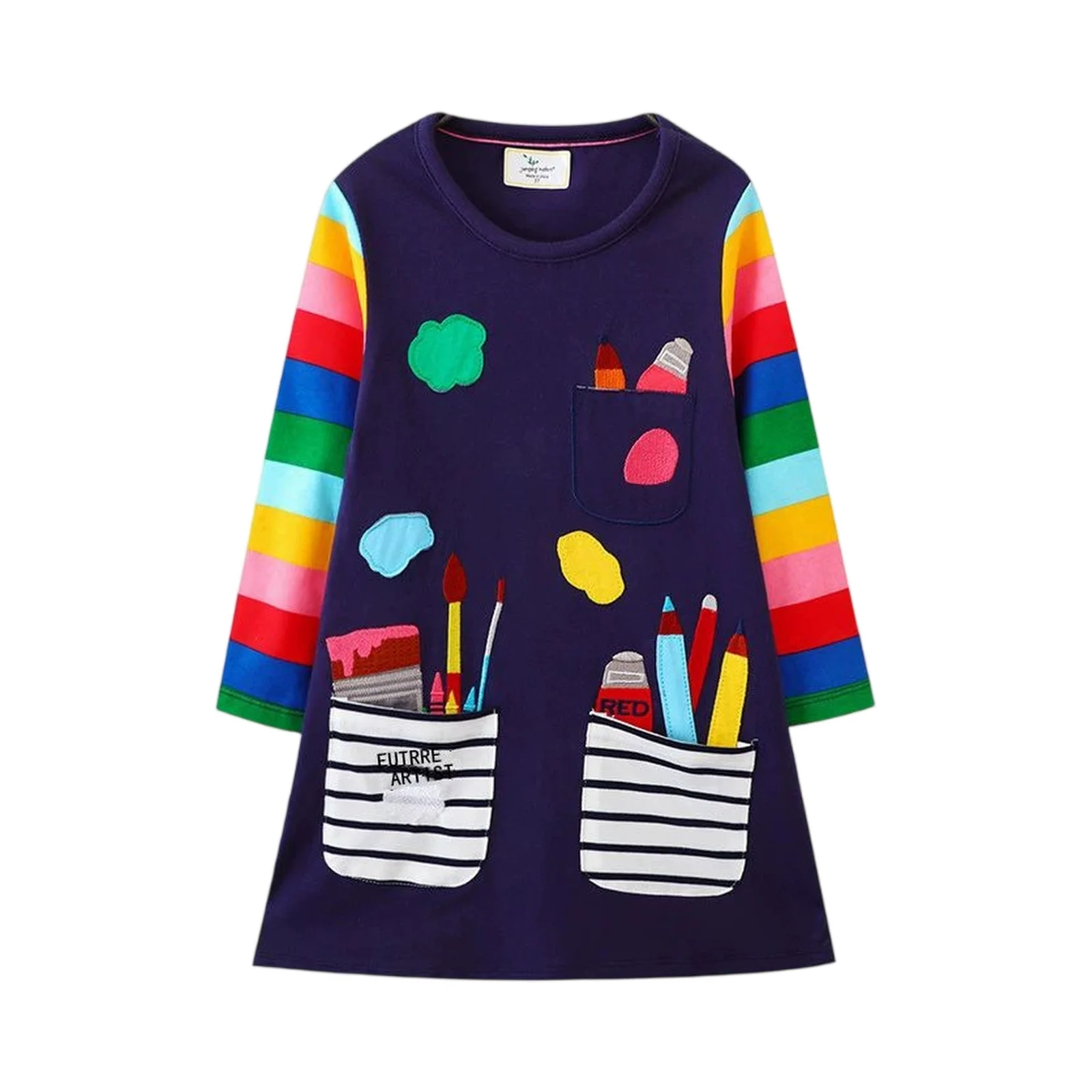 

New Arrival Children's Preppy Style Princess Girls Dresses Pockets Pen Embroidery Autumn Spring Long Sleeve Frock