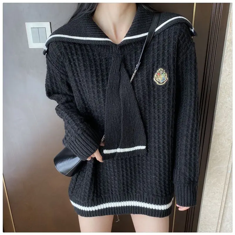 

Pullover Sweater Navy Collar College Style 2024 Autumn And Winter New Loose Women'S Mid-Length Outer Knitted Sweater Top