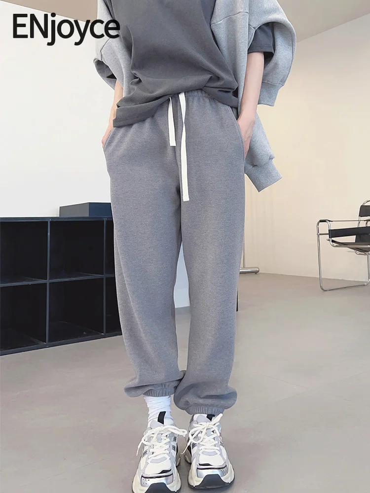 

ENjoyce Winter Warm Drawstring Fleece-lined Pants Women Korean Casual Street Pants Sweatpants Wide Leg Thick Brushed Trousers