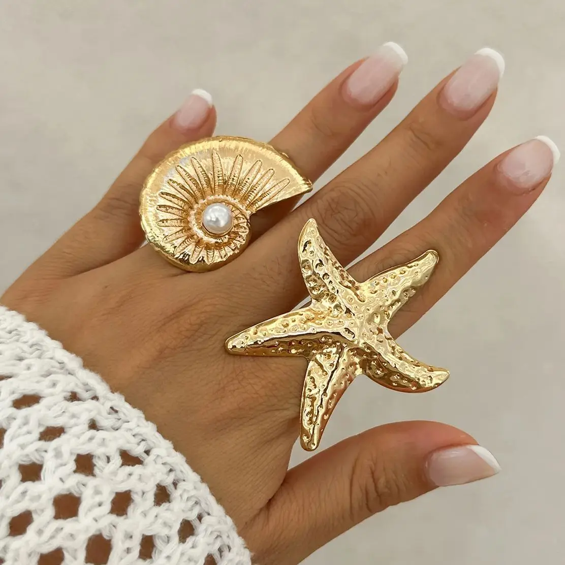 Ingemark Exaggerated Big Starfish Conch Gold Color Rings Women Boho Creative Irregular Geometric Couple Ring Wed Jewelry Men New