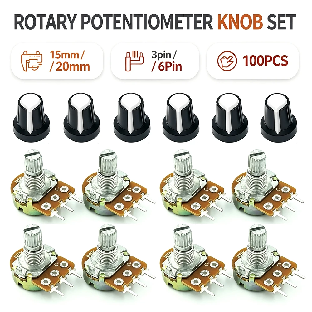 100PCS WH148 15mm 20mm 3Pin 6Pin Potentiometer with White Knob Cap 1K 2K 5K 10K 20K 50K 100K 250K 500K 1M 100 500 Ohm
